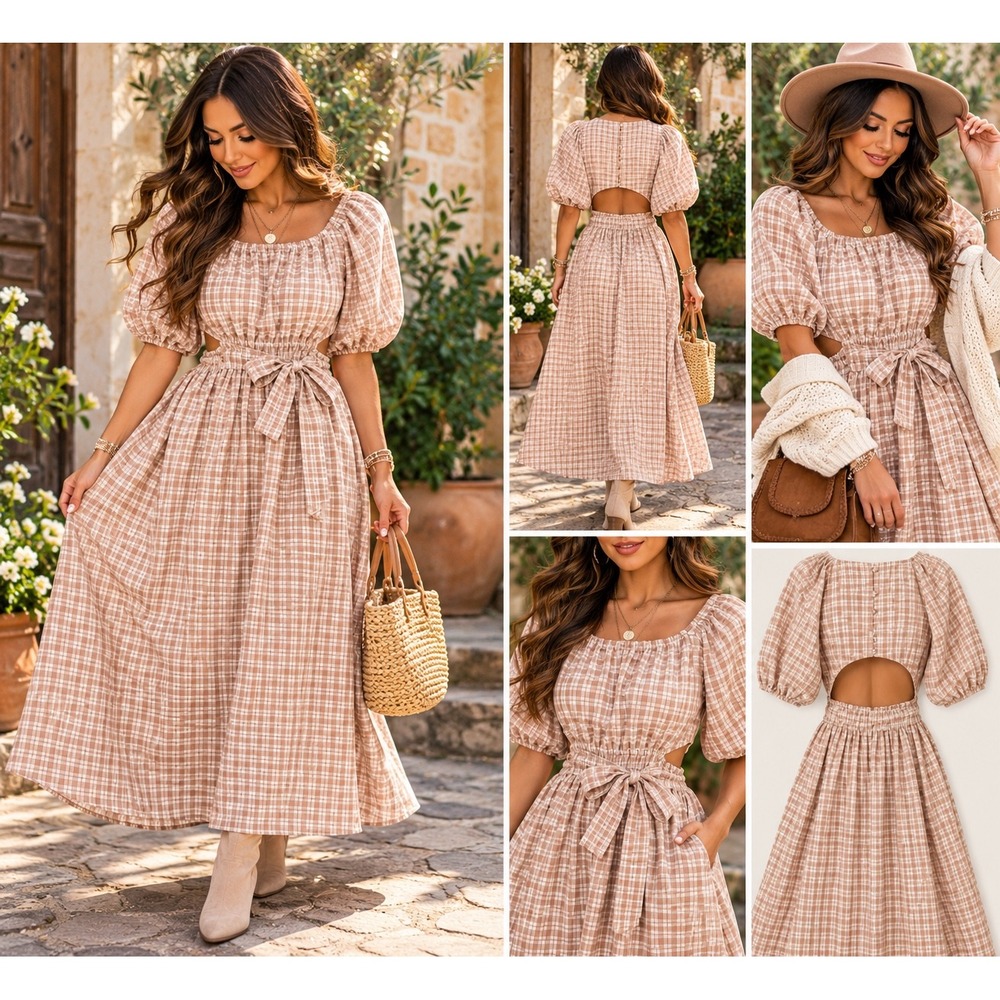 Nasty Gal Gingham Puff Sleeve Cut Out Midi Dress Tan White US 0 NEW